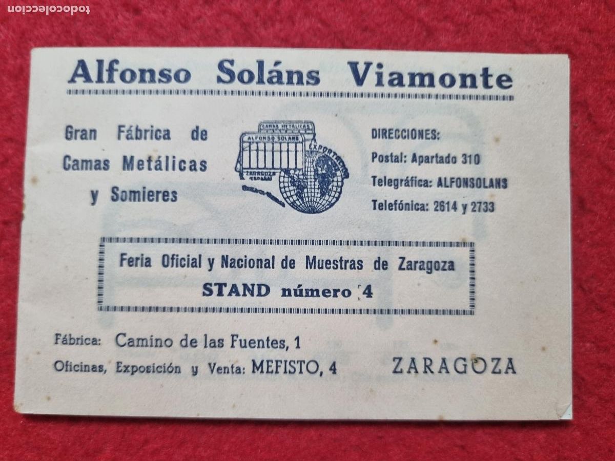 Cat&aacute;logos publicitarios: PEQUE&Ntilde;O CATALOGO PUBLICIDAD ALFONSO SOLANS ZARAGOZA CAMAS Y SOMIERS ORIGINAL KV1