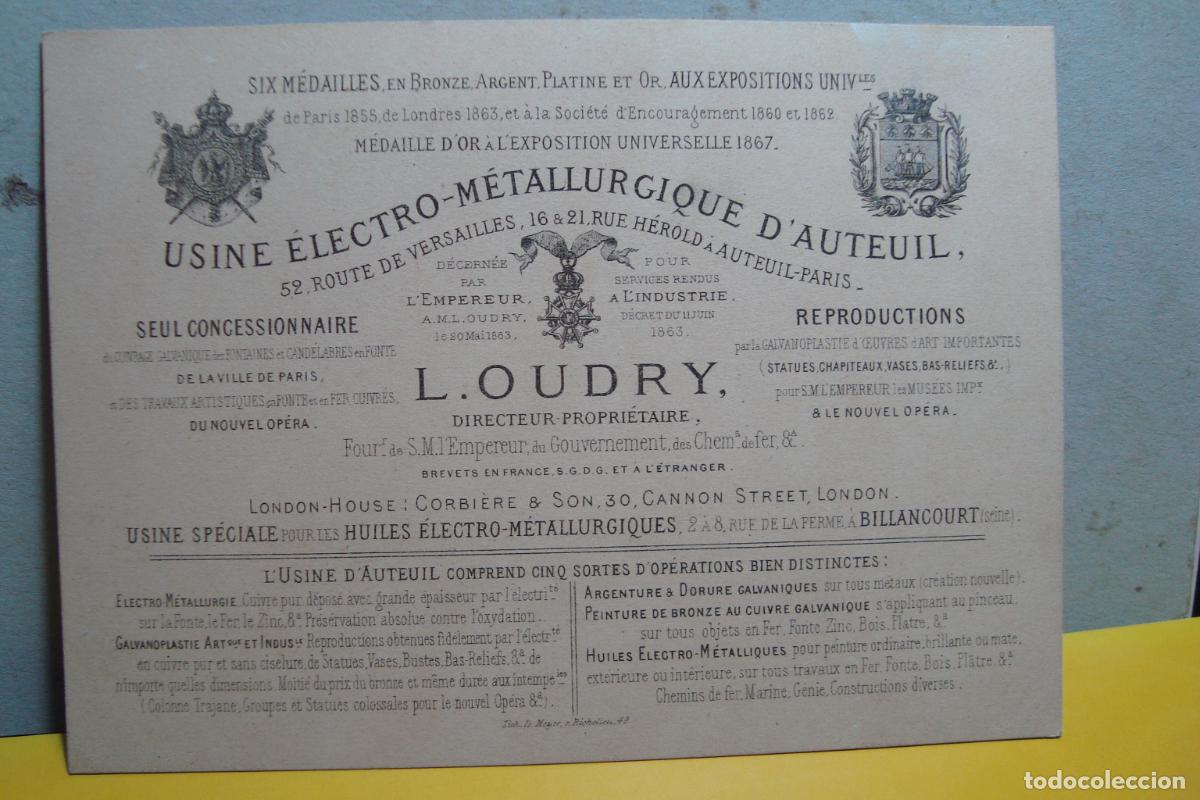 Cat&aacute;logos publicitarios: CARTE USINE ELECTRO METALLURGIQUE D'AUTEUIL. L . OUDRY PARIS. MODELE CANDELABRE FONTE CUIVREE. XIX