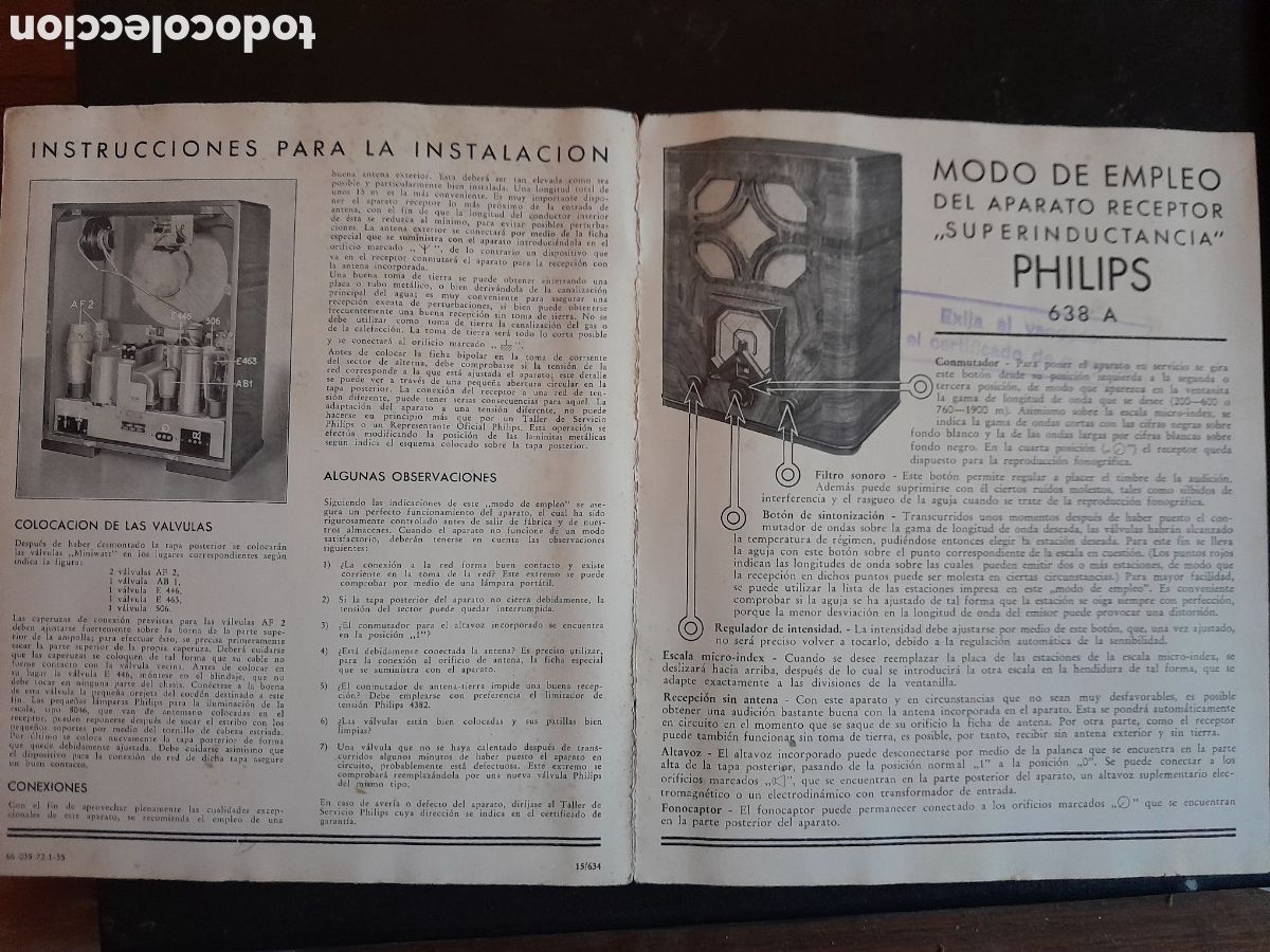 Cat&aacute;logos publicitarios: Publicidad radio Philips a&ntilde;os 30 con frecuencias y construcci&oacute;n de radio