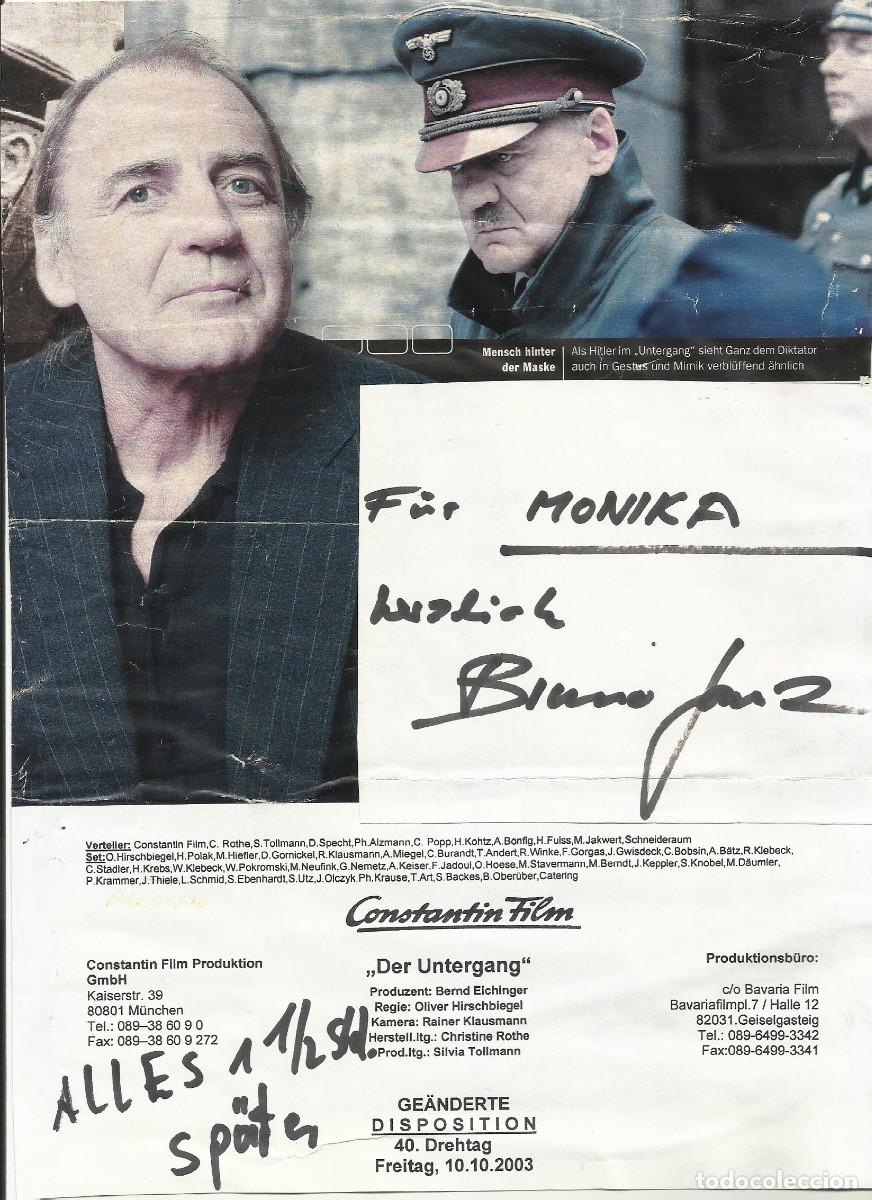 Cinema: Bruno Ganz. Hoja firmada y dedicada. Hitler. Actor alem&aacute;n. 28,5x21 cm. El Hundimiento.