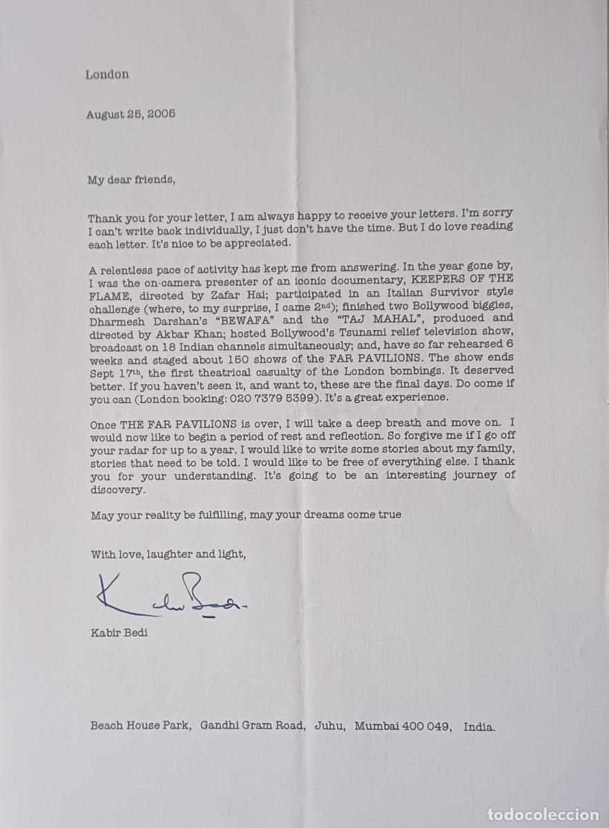 Cine: CARTA CON AUT&Oacute;GRAFO ORIGINAL DEL FAMOSO ACTOR INDIO, KABIR BEDI ( A&Ntilde;O 2005 )