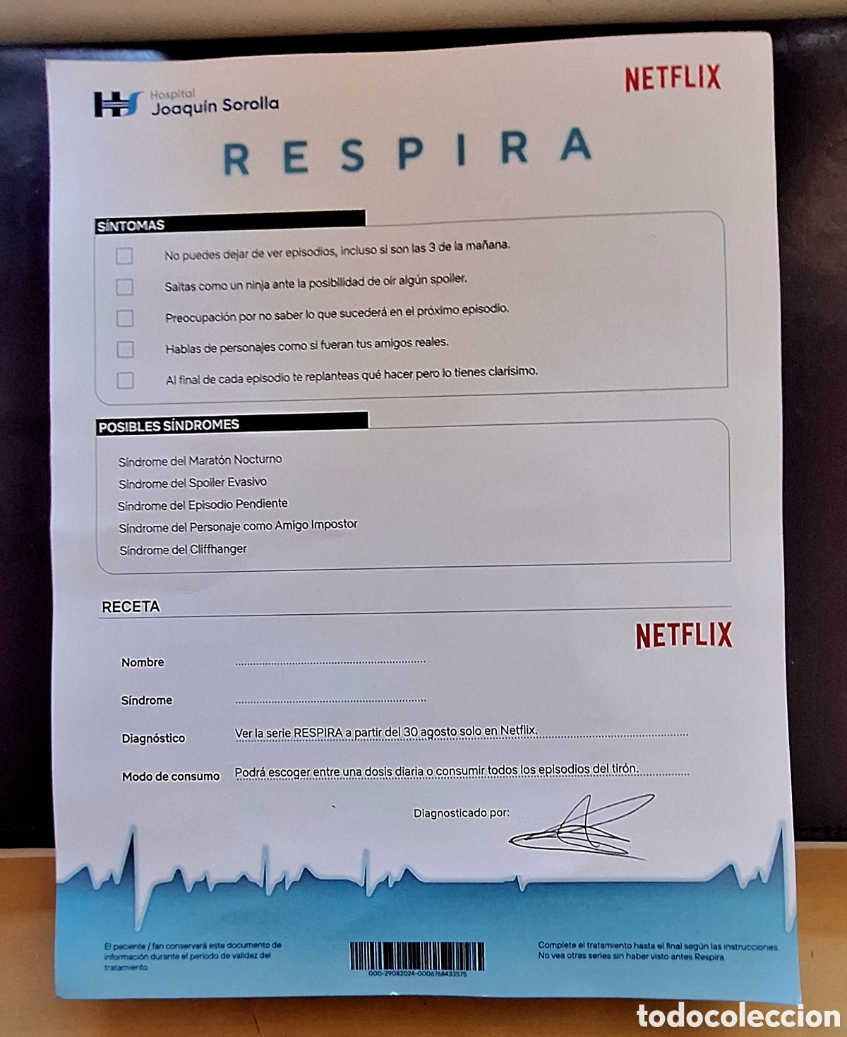 Cine: Tarjeta publicidad serie respira Netflix firmada por Manu r&iacute;os