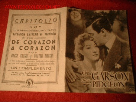 Cinema: FOLLETO DE LA PELICULA -DE CORAZON A CORAZON- DE GREER GARSON Y WALTER PIDGEON. SIN USO.