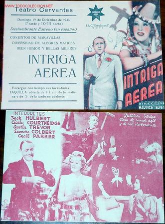 Cine: ANTIGUO PROGRAMA DE MANO    DOBLE Y    ORIGINAL INTRIGA AEREA   A&Ntilde;OS 40 - Foto 1