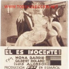 Cine: PROGRAMA.EL ES INOCENTE.1935.CON PUBLICIDAD DE CINE. Lote 6007509