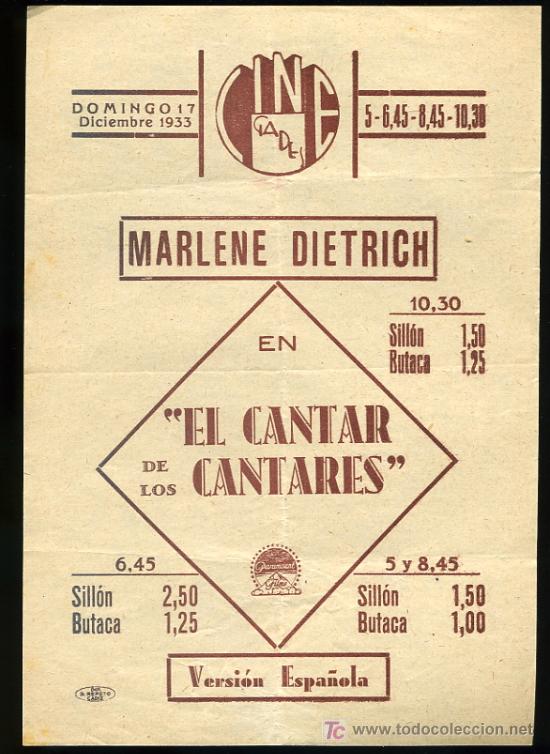 Cine: PROGRAMA DE CINE  ORIGINAL 1933 -MARLENE DIETRICH -EL CANTAR DE LOS CANTARES - Foto 1