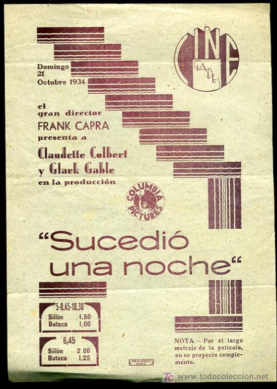 Cine: PROGRAMA DE CINE  ORIGINAL 1934 - CLAUDETTE COLBERT Y GLARK GABLE - SUCEDIO UNA NOCHE - Foto 1