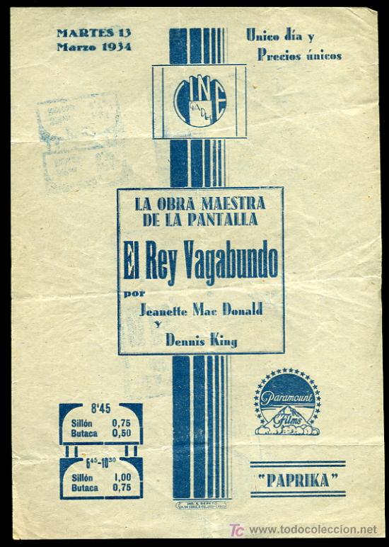 Cine: PROGRAMA DE CINE  ORIGINAL 1934 - JEANETTE MAC DONALD Y DENIS - EL REY VAGABUNDO - Foto 1
