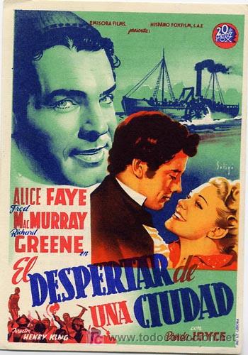 Cine: EL DESPERTAR DE UNA CIUDAD PROGRAMA SENCILLO 20TH CENTURY FOX SOLIGO ALICE FAYE FRED MACMURRAY