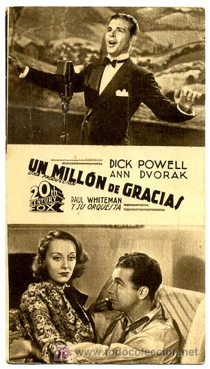 Foglietti di film di film antichi di cinema: UN MILLON DE GRACIAS, TARJETA , 1937   , S1018