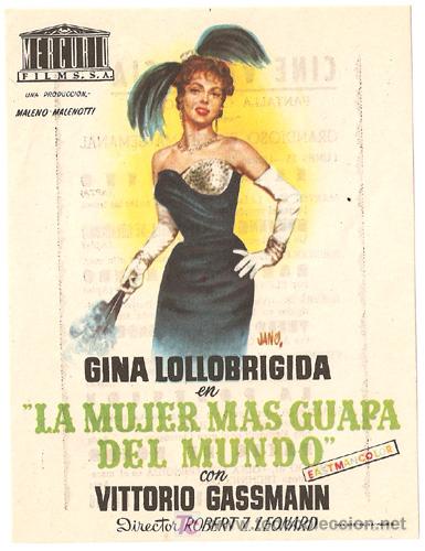 Cine: LA MUJER MAS GUAPA DEL MUNDO PROGRAMA SENCILLO MERCURIO GINA LOLLOBRIGIDA B
