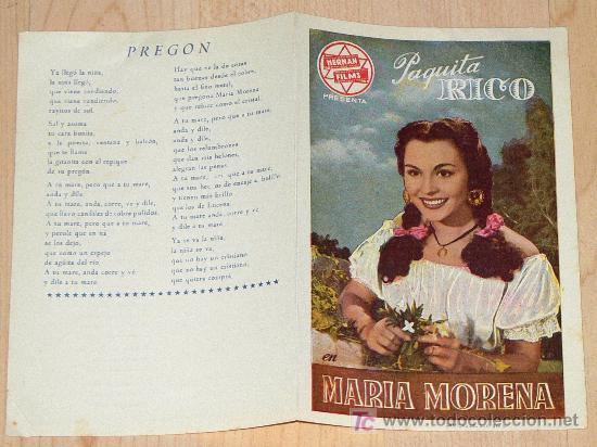 Cine: PROGRAMA DOBLE con cancionero, ORIGINAL Y ANTIGUO: MARIA MORENA, CON PAQUITA RICO