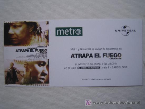 Folhetos de m&atilde;o de filmes antigos de cinema: Atrapa el fuego - Invitacion preestreno - derek luke tim robbins catch a fire bonnie henna