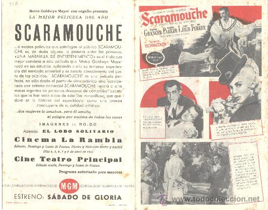 Folhetos de m&atilde;o de filmes antigos de cinema: SCARAMOUCHE STEWART GRANGER ELEANOR PARKER JANET LEICH MEL FERRER TECHNICOLOR
