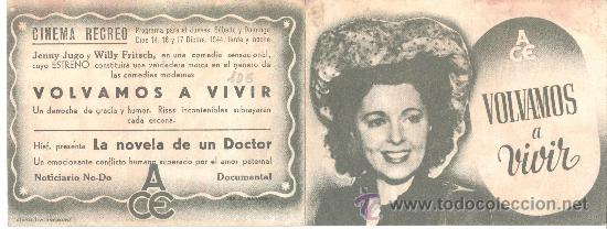 Cine: VOLVAMOS A VIVIR 1944 DOBLE C/P JENNY JUGO WILLY FRITSCH