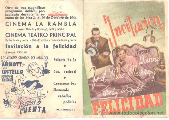 Cine: INVITACION A LA FELICIDAD DOBLE C/P 1944