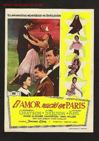 Folhetos de m&atilde;o de filmes antigos de cinema: El amor nacio en Paris (Kathryn Grayson, Red Skelton)