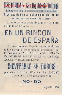Cine: EN UN RINCON DE ESPA&Ntilde;A, Programa con publicidad al dorso (ver imagen complementaria) - Foto 2