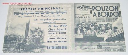 Cine: ANTIGUO FOLLETO DE MANO - POLIZON A BORDO.- Programa doble. A&ntilde;o 1942 Actores: Lina Yedros y Toni D&acute;A