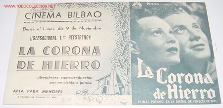 Flyers Publicitaires de Films Anciens: ANTIGUO FOLLETO DE MANO - LA CORONA DE HIERRO, CIFESA , DOBLE - Con publicidad DE CINEMA BILBAO.