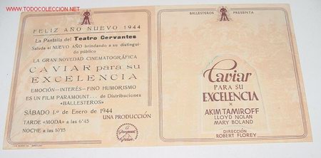 Cine: ANTIGUO FOLLETO DE MANO - Caviar para su Excelencia Akim Tamiroff - doble troquelado   - publicidad