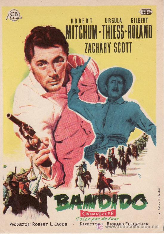 Cine: PROGRAMA DE MANO-CON PROPAGANDA.BANDIDO.ROBERT MITCHUM.UNITED ARTISTS.CB FILMS