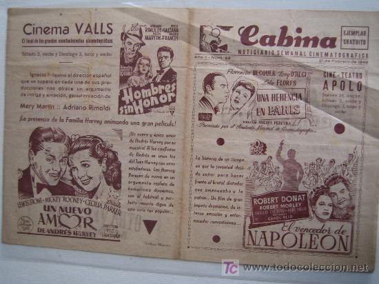 Cine: Folleto de mano local - El vencedor de napoleon -Hombres de honor - La reina de la cancion - Soligo