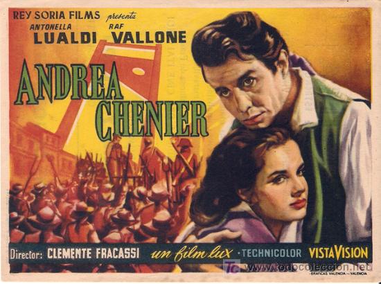 Folhetos de m&atilde;o de filmes antigos de cinema: ANDREA CHENIER - ANTONELLA LUALDI, RAF VALLONE - DIRECTOR CLEMENTE FRACASSI - CINE F&Eacute;MINA
