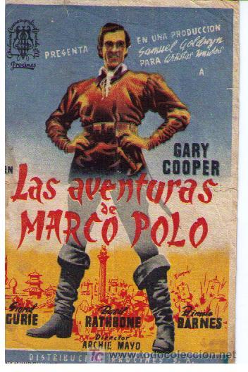 Folhetos de m&atilde;o de filmes antigos de cinema: Las Aventuras de Marco Polo. Sencillo de United Artists. Sello Cine Oriente de Mor&oacute;n de la Frontera
