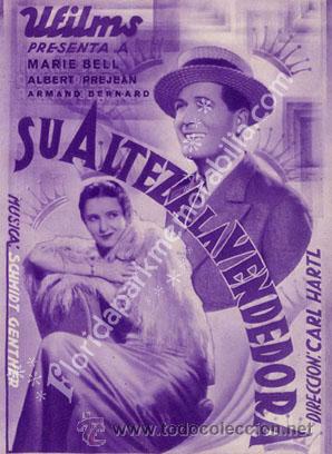 Foglietti di film di film antichi di cinema: SU ALTEZA LA VENDEDORA Karl Hartl Marie Bell Albert Pr&eacute;jeanPROGRAMA U films
