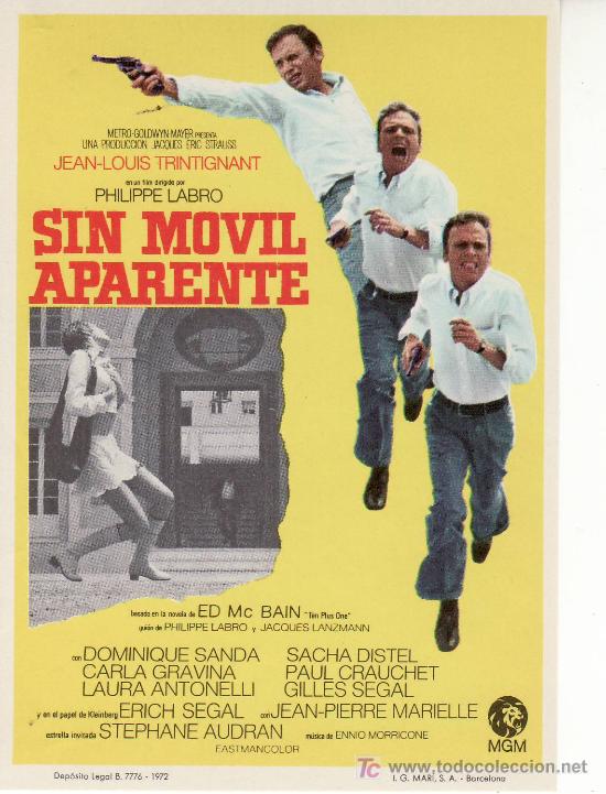 Cine: SIN MOVIL APARENTE. A&Ntilde;O 1972. PROGRAMA DE MANO. ESTE Y MAS EN RASTRILLOPORTOBELLO. - Foto 1