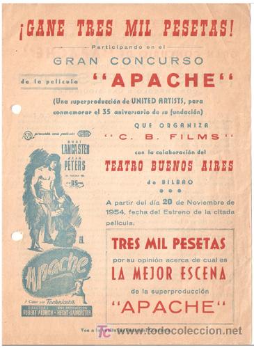 Cine: PTCC 401 APACHE PROGRAMA SENCILLO CONCURSO CB BURT LANCASTER JEAN PETERS - Foto 1