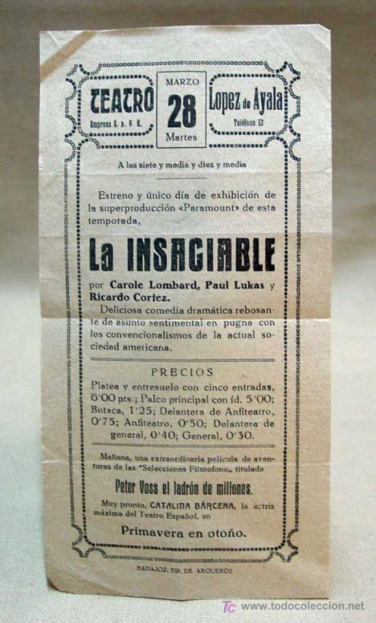 Foglietti di film di film antichi di cinema: LA INSACIABLE, PROGRAMA CINE, PARAMOUNT, CAROLE LOMBARD, PAUL LUKAS Y RICARDO CORTEZ, 1933