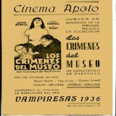 Cine: LOS CRÍMENES DEL MUSEO, CINEMA APOLO, VALENCIA, 1936,AL DORSO FOTO DE RUTH MARCH ... NNI. Lote 14985459