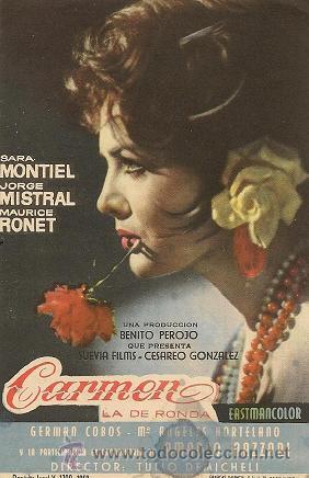Foglietti di film di film antichi di cinema: CARMEN LA DE RONDA, pel&iacute;cula EASTMANCOLOR films, GRAN CINEMA SESTAO, 1960, , SESTAO