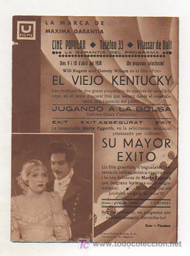 Cine: SU MAYOR &Eacute;XITO. PROGRAMA DOBLE. (CINE POPULAR, VILASAR). 1938. - Foto 3