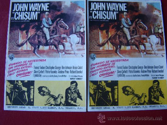 Cine: CHISUM. JOHN WAYNE, LOTE DOS PROGRAMAS DE DISTINTO COLOR. NUEVOS. CON BEN JOHNSON. - Foto 1