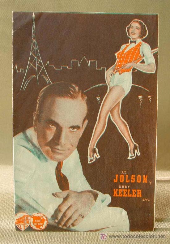 Foglietti di film di film antichi di cinema: PROGRAMA DE CINE, CASINO DE PARIS, AL JOLSON, RUBY KEELER, WARNER.