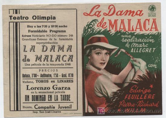  Foglietti di film di film antichi di cinema: La Dama de Malaca. Doble de J. Balart. Teatro Olimpia - Linares.