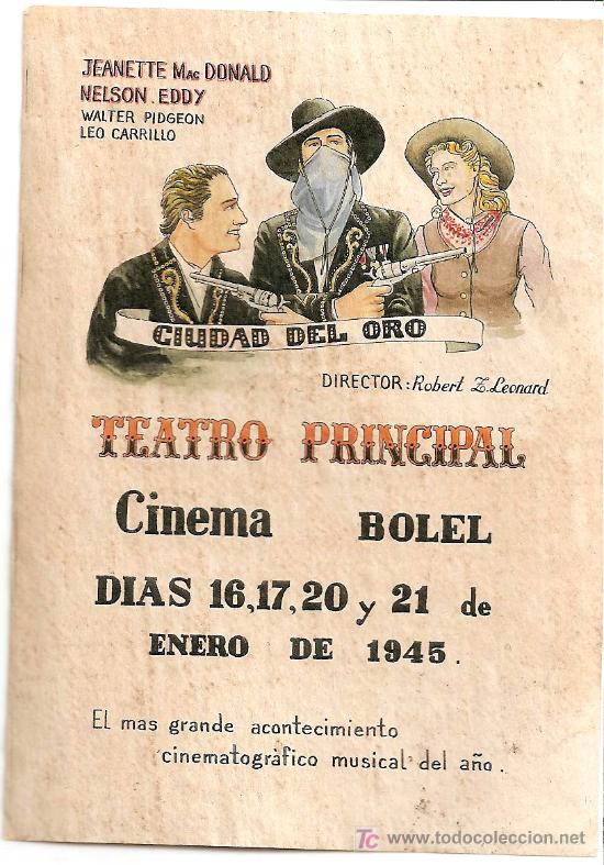 Flyers Publicitaires de Films Anciens: Ciudad del oro, Jeanette MacDonald, Nelson Eddy, Walter Pidgeon - Cinema Bolel, 1945  - CLC