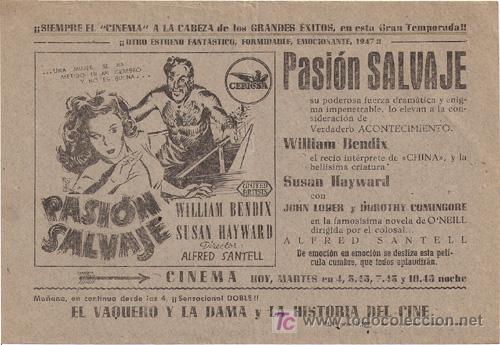 Cine: PASION SALVAJE PROGRAMA SENCILLO LOCAL SUSAN HAYWARD WILLIAM BENDIX - Foto 1