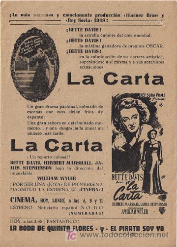 Cine: LA CARTA PROGRAMA SENCILLO LOCAL BETTE DAVIS - Foto 1