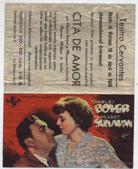 Flyers Publicitaires de Films Anciens: Cita de Amor. Doble de Universal.  Teatro Cervantes 1945.