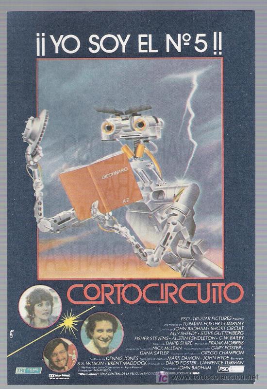 Folhetos de m&atilde;o de filmes antigos de cinema: Cortocircuito. Sencillo de Tri Films. Publicidad al dorso sin nombre de cine.