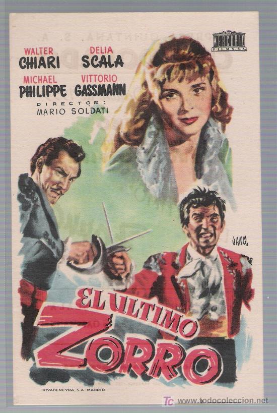 Folhetos de m&atilde;o de filmes antigos de cinema: El &uacute;ltimo Zorro. Sencillo de Mercurio. Cine Dorado 1953.