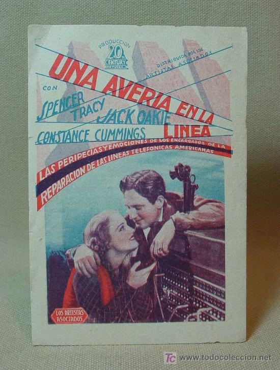 Cine: PROGRAMA DE CINE, UNA AVERIA EN LA LINEA, 20TH CENTURY, SPENCER TRACY, 1935, TARJETA