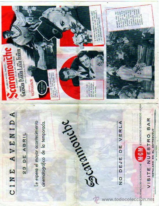 Foglietti di film di film antichi di cinema: Programa de cine con publicidad Scarmouche. Cine Avenida. Granger, Parker, Leigh, Ferrer. Tetuan.