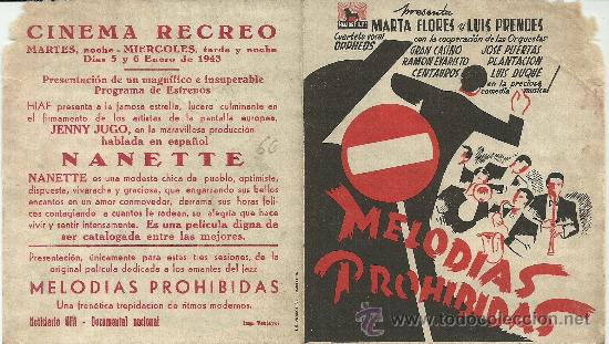 Flyers Publicitaires de Films Anciens: MELODIAS PROHIBIDAS DOBLE CP CINEMA RECREO