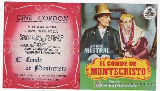 Cine: El Conde de Montecristo. Doble de Cifesa.  Cine Cord&oacute;n - Burgos 1954.