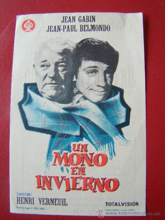 Flyers Publicitaires de Films Anciens: UN MONO EN INVIERNO, JEAN GABIN, JEAN-PAUL BELMONDO, original,AS FILMS, CON PUBLICIDAD